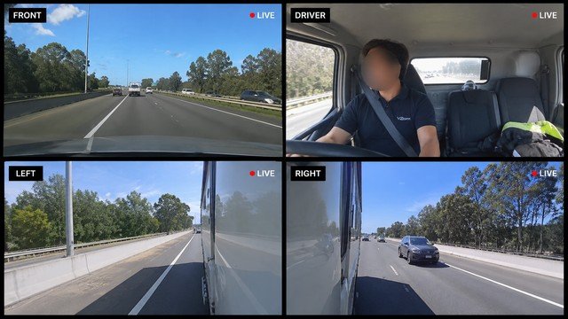 Four-camera fleet video preview: front, driver, left, right — product demonstration image